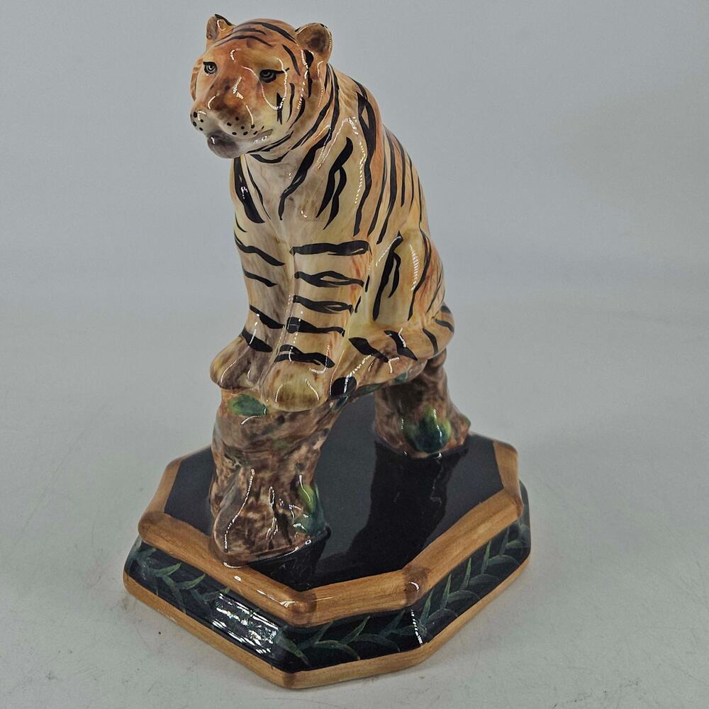 Vintage Raymond Waites tiger on pedestal tropical ceramic figurine
